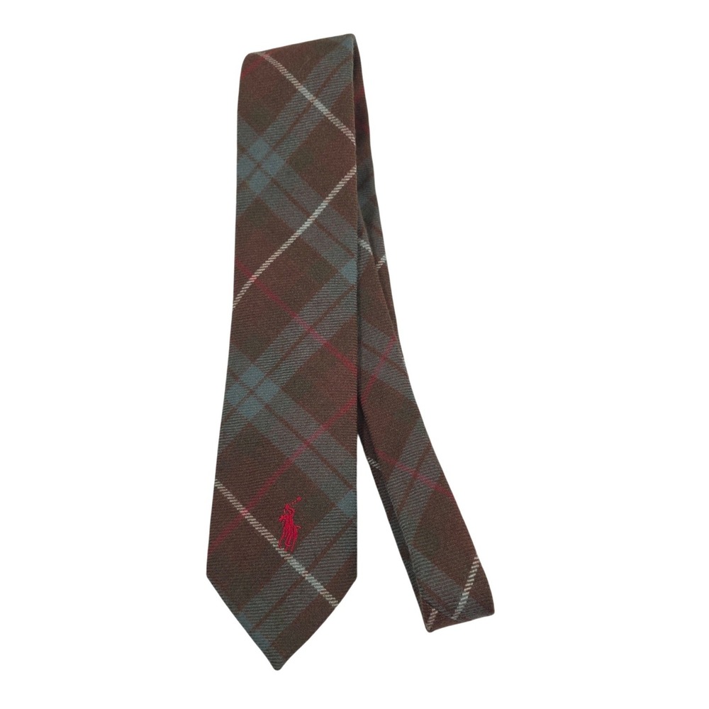 Polo Ralph Lauren Vintage Mens Brown Blue Tartan Plaid Wool Necktie Red Pony